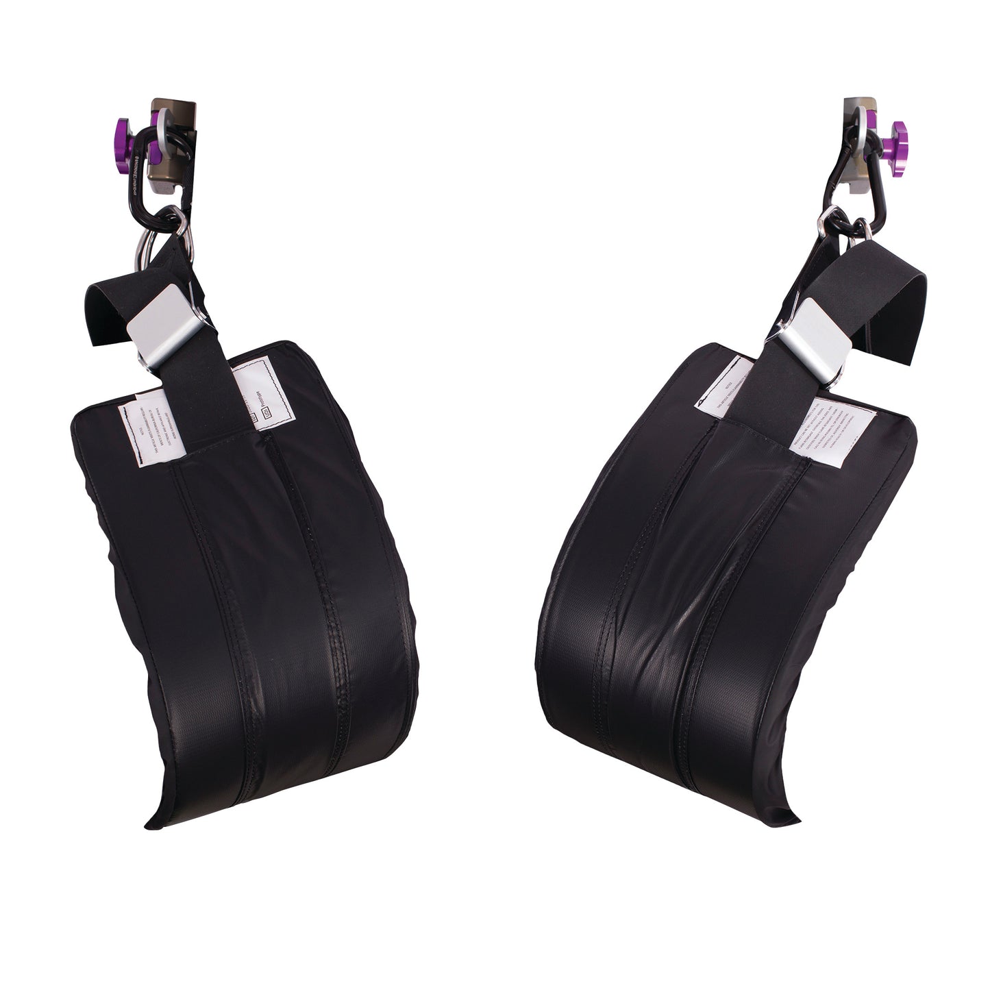 Two black KYRA Nissen Straps with adjustable buckles and metal attachments for securing patients, displayed against a white background.