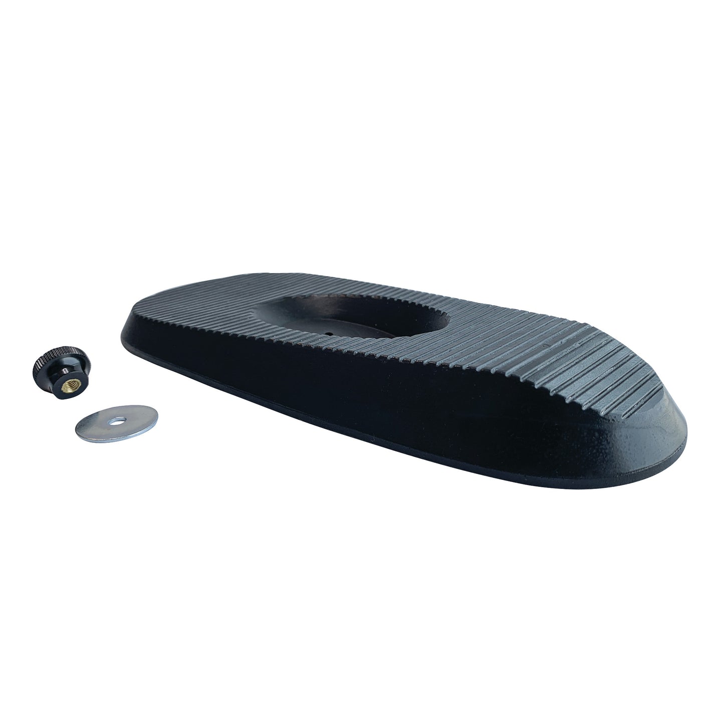 Black "Outsole for AliMed MultiBoot Standard Contracture Boot" with ribbed surface. Includes a metal washer and knob.