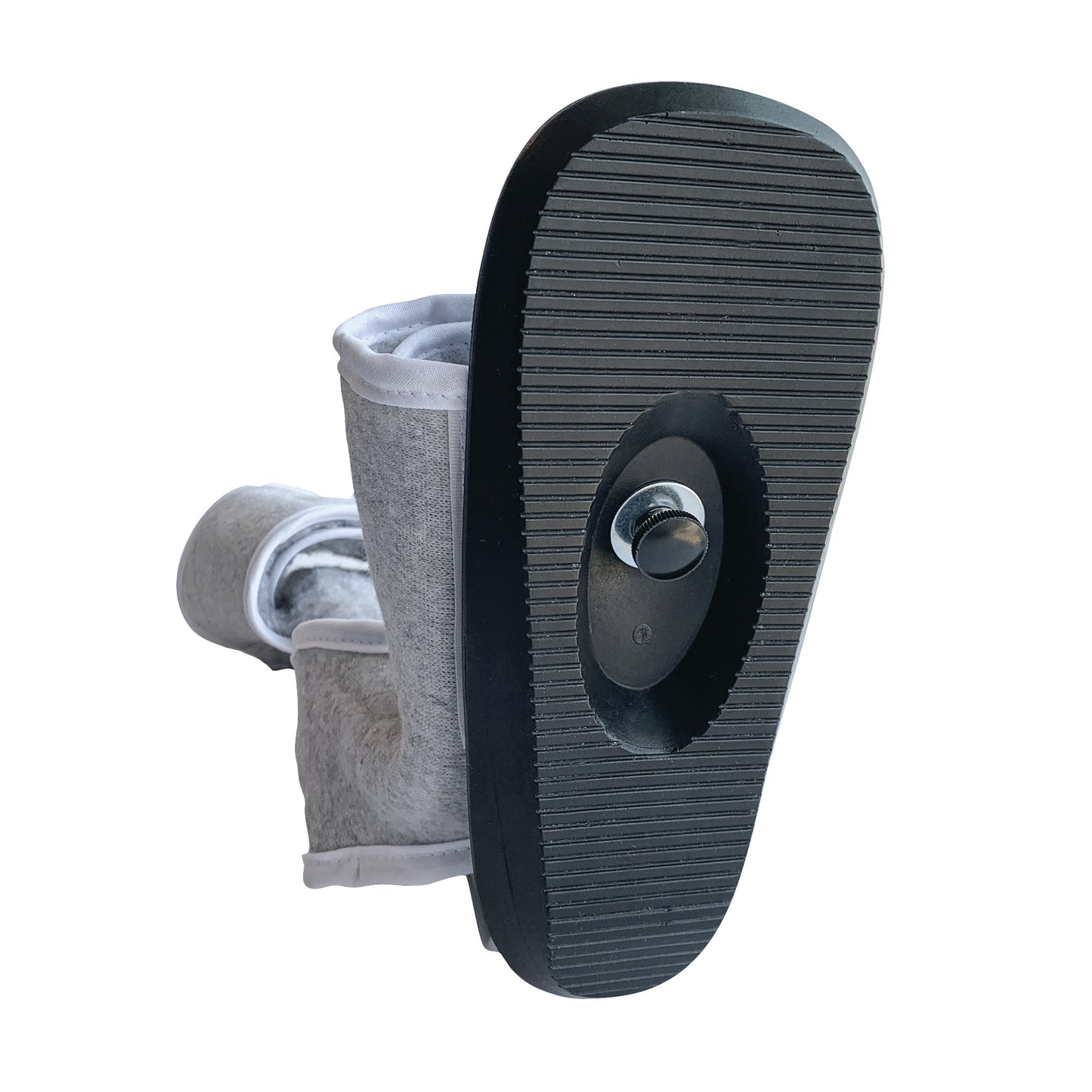 Outsole for AliMed MultiBoot Standard Contracture Boot shown from the bottom, featuring ribbed surface and an attachment mechanism.