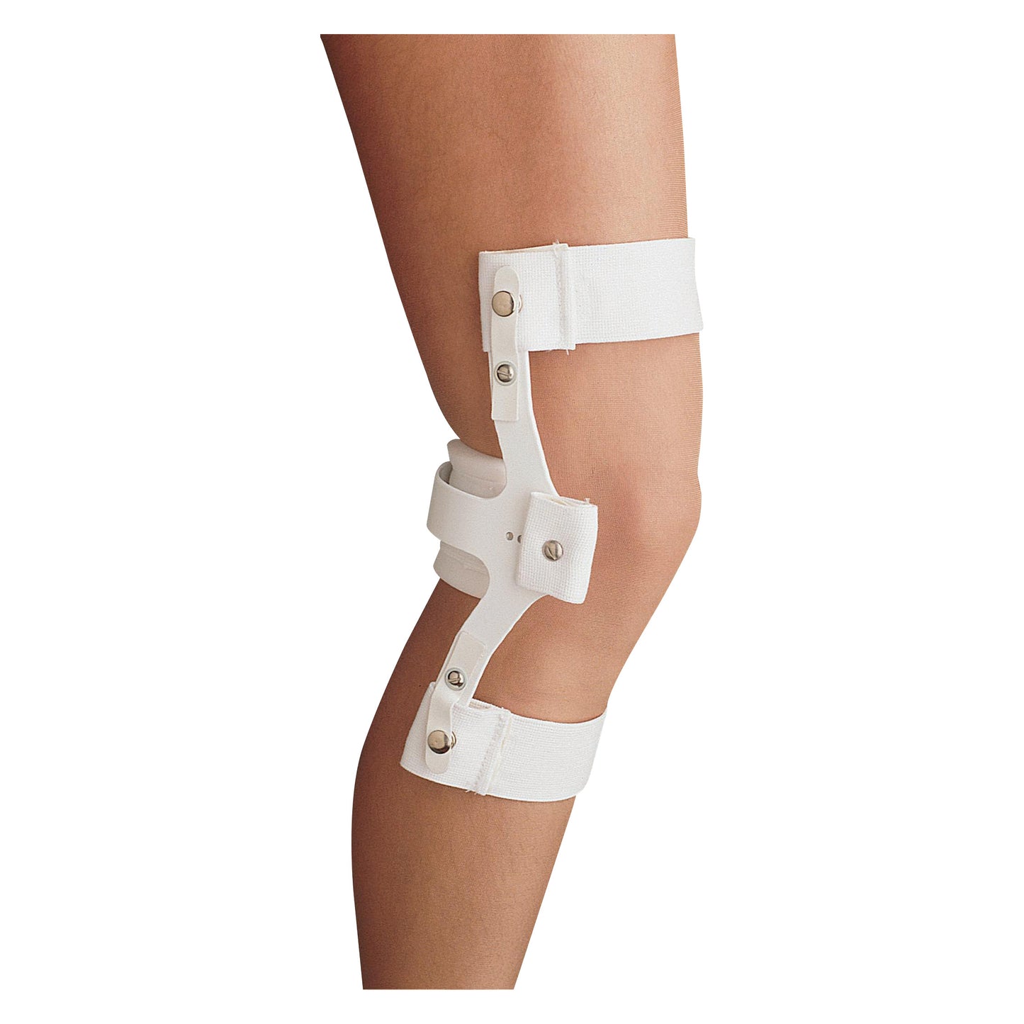 A leg wearing a Trulife Swedish Knee Cage with white straps and metal hinges for support.