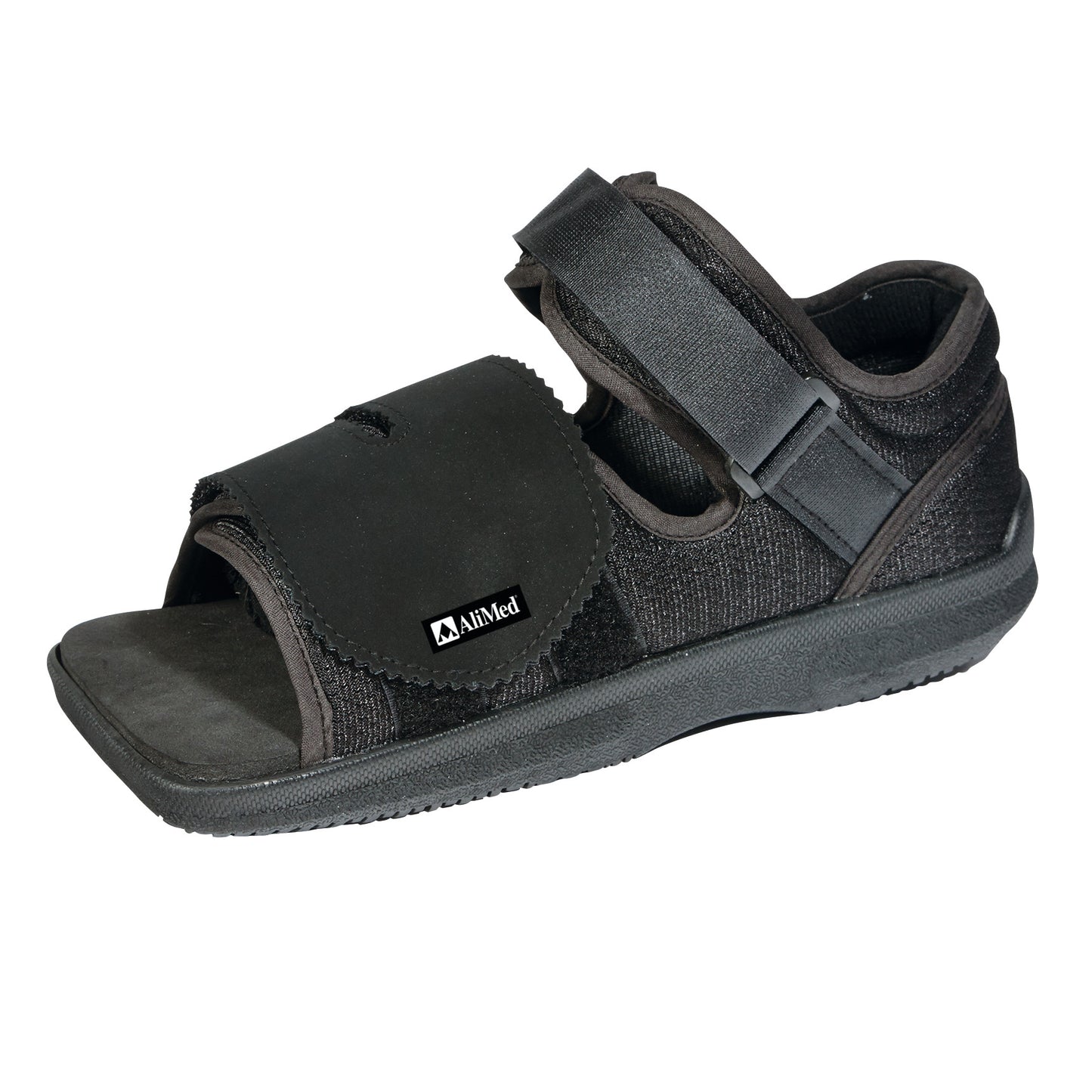 The AliMed Square Toe Post-Op Shoe is a black orthopedic shoe with hook-and-loop straps, designed for patient foot support after surgery.