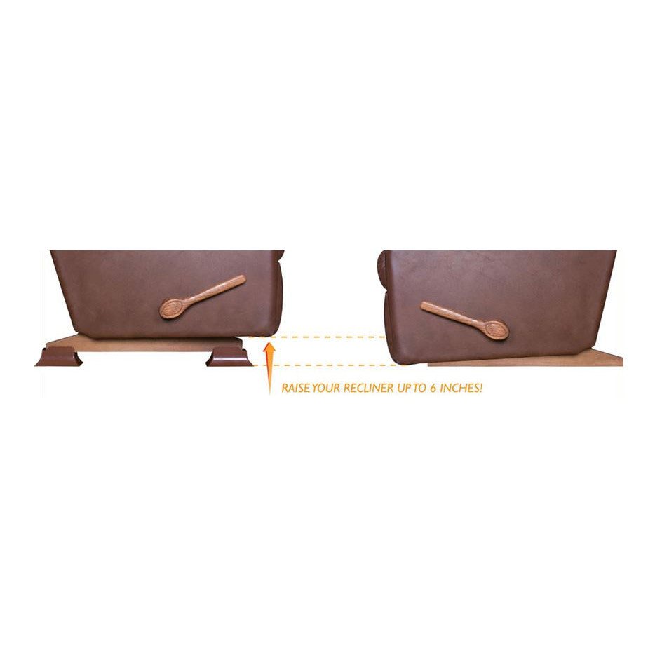 The Recliner Riser raises a recliner up to 6 inches, showing a comparison of a recliner with and without the riser.