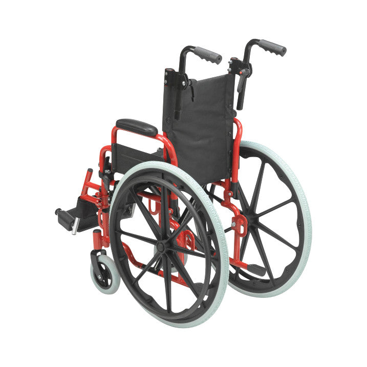 Red Wallaby Pediatric Wheelchair with black seat and large rear wheels, designed for children, featuring adjustable footrests.