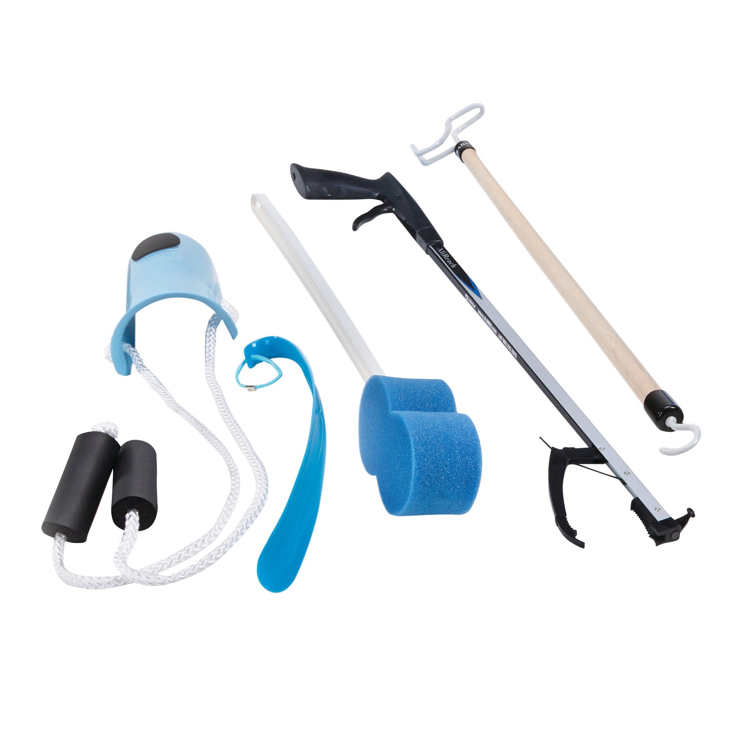 AliMed Economy Hip and Knee Kit includes a sock aid, shoehorn, long-handled sponge, reacher, and dressing stick with foam handles.