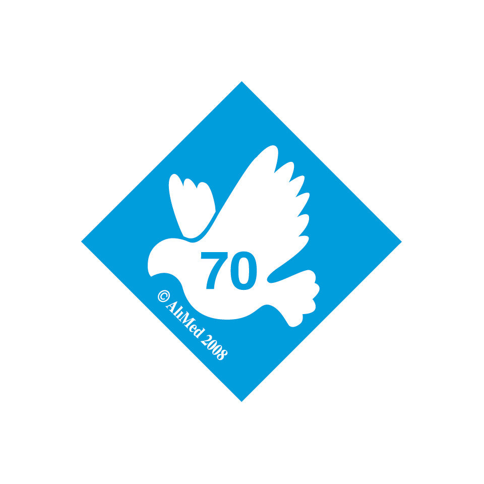 The AliMed Standardized Equipment Weight Capacity Label features a white dove with "70" on a blue diamond background, marked � AiMed 2008.