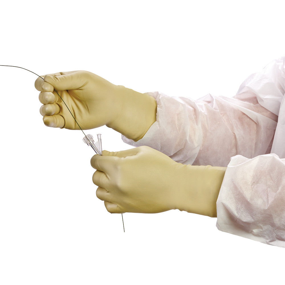 Hands wearing RadiaXon Radiation Resistant Latex Gloves are manipulating a thin, flexible wire against a white background.