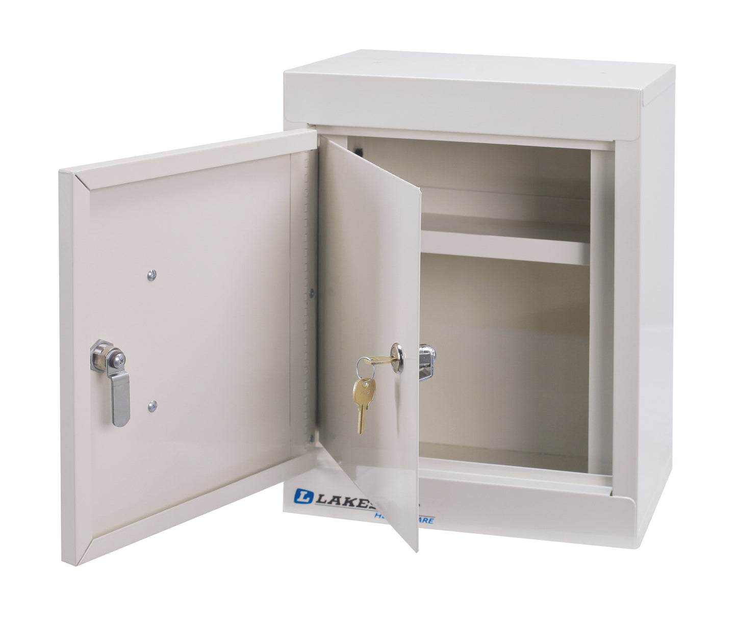 The Lakeside Double-Lock Narcotics Box is open, showing an empty interior shelf and keys hanging from the lock.