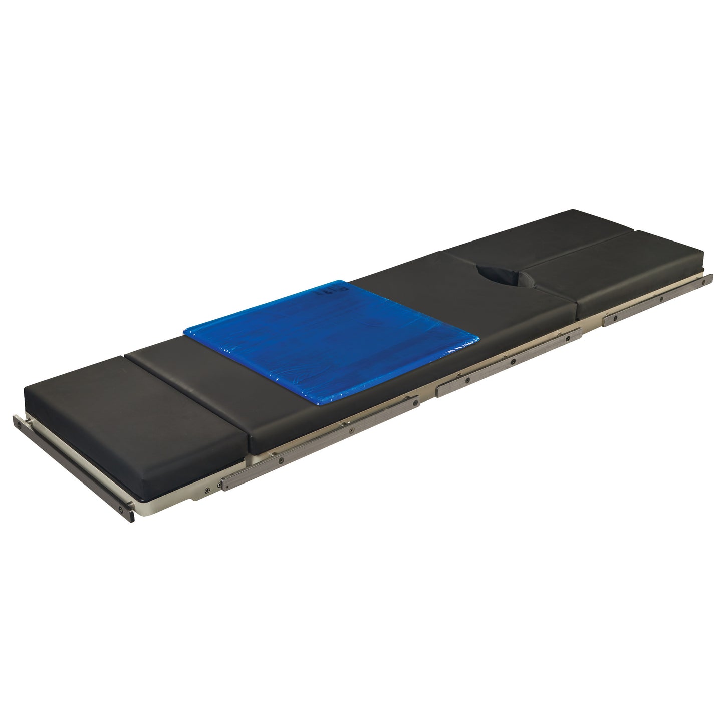 An operating table pad with a blue AliMed AliBlue Gel Surface Overlay on a black mattress, featuring a head cutout.