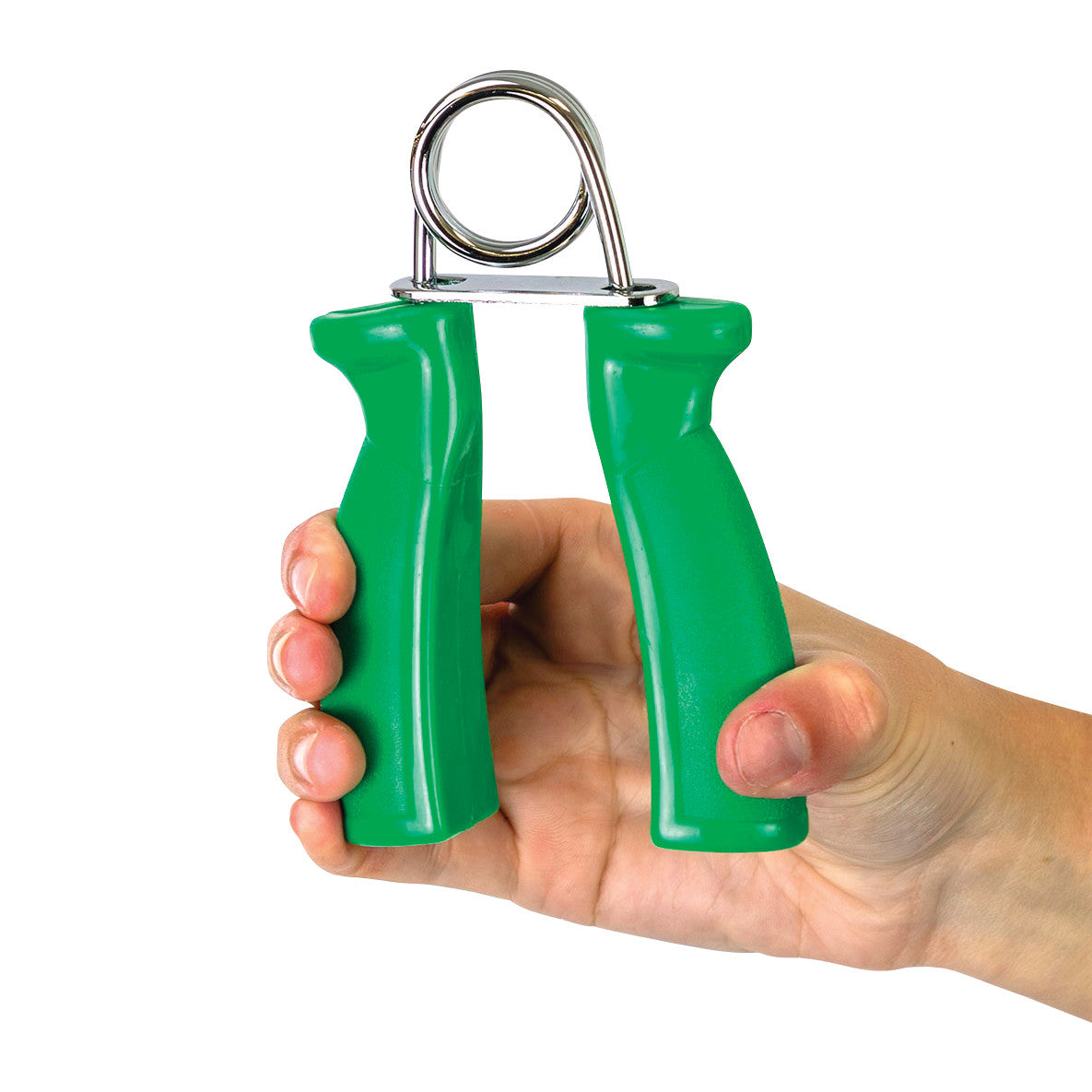 A hand holds the CanDo Fixed Resistance Grip Exerciser, featuring green handles and a metal spring mechanism.