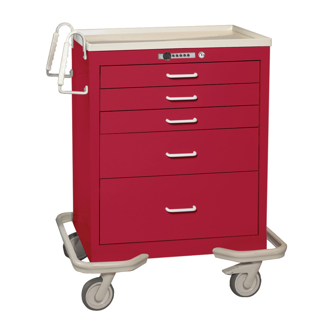 Standard Series 5-Drawer Anesthesia/Procedure Cart, Push-Button Lock, Solid Red