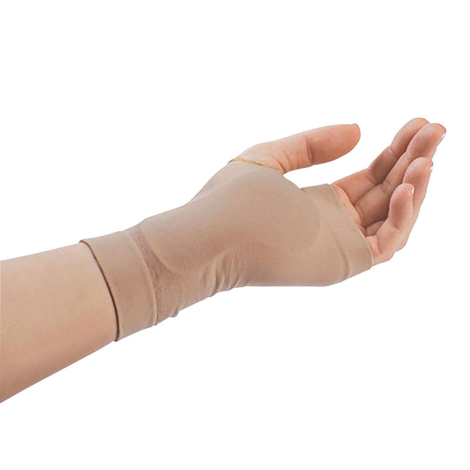 A beige padded carpal tunnel wrist sleeve on a woman's hand representing a hand & wrist wraps & supports category