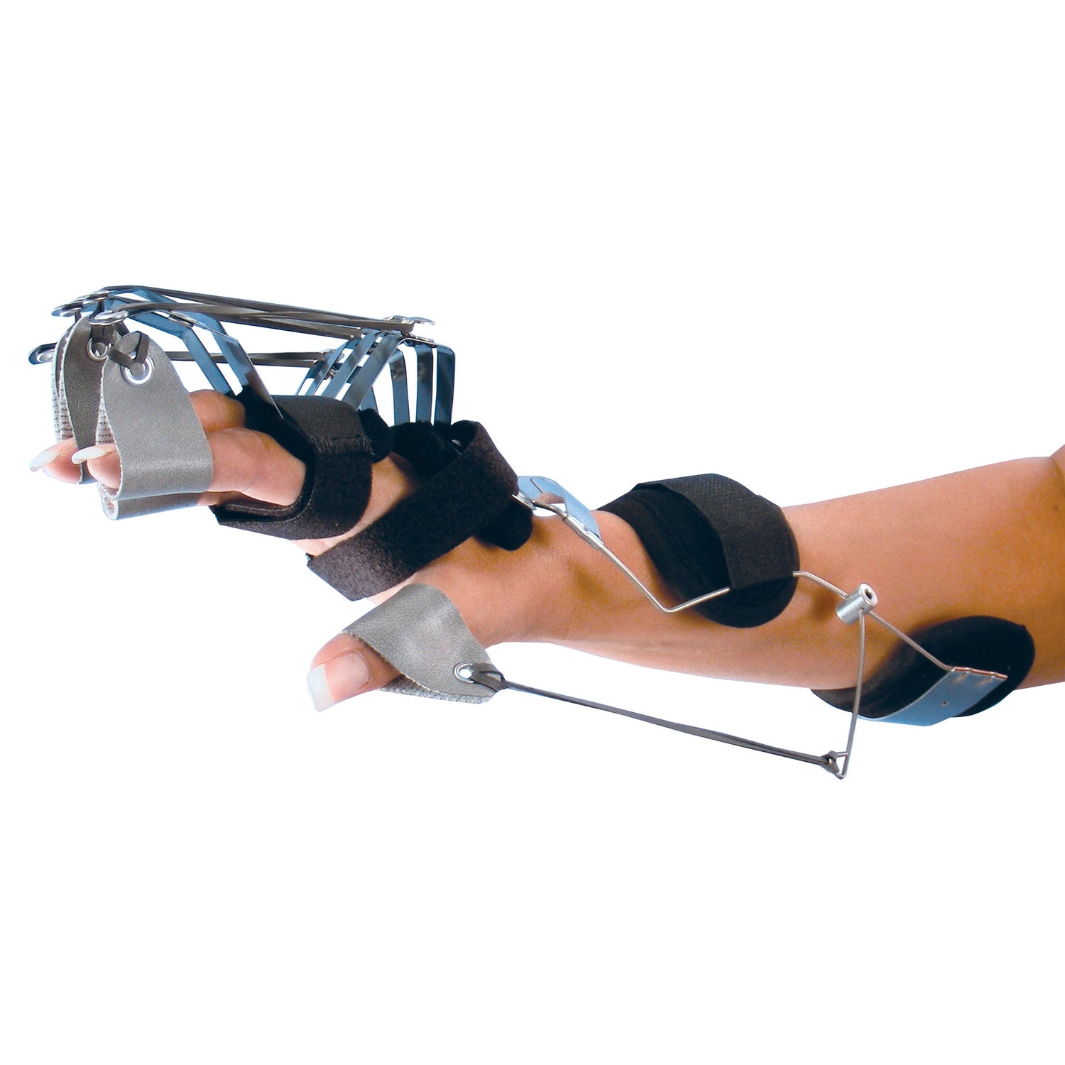 A black and gray Oppenheimer outrigger dynamic finger and wrist extension splint representing dynamic splints category
