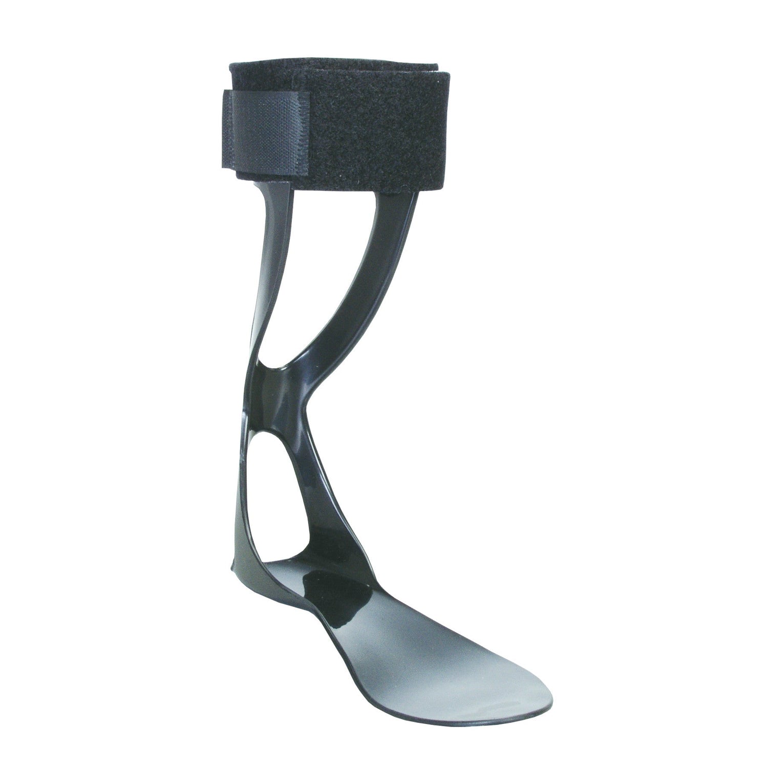 A black plastic molded ankle foot orthosis representing a category of AFOs and KAFOs