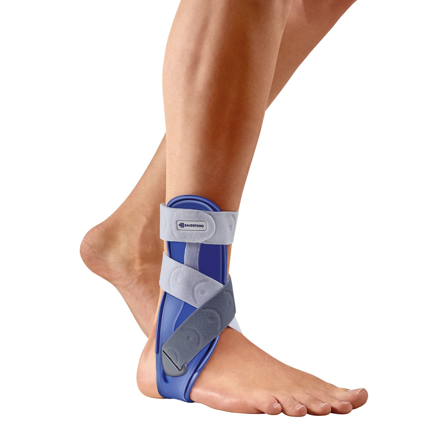 A blue molded ankle support with hook and loop straps on a woman's ankle representing an ankle sleeves & supports category