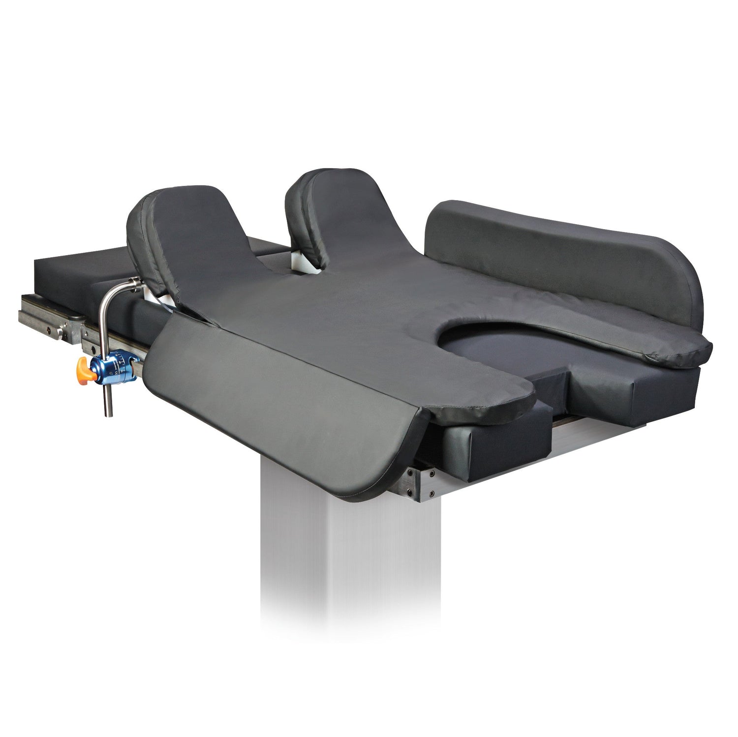 An image of a black upholstered foam contoured positioner on a surgical table representing a category of trendelenburg positioning