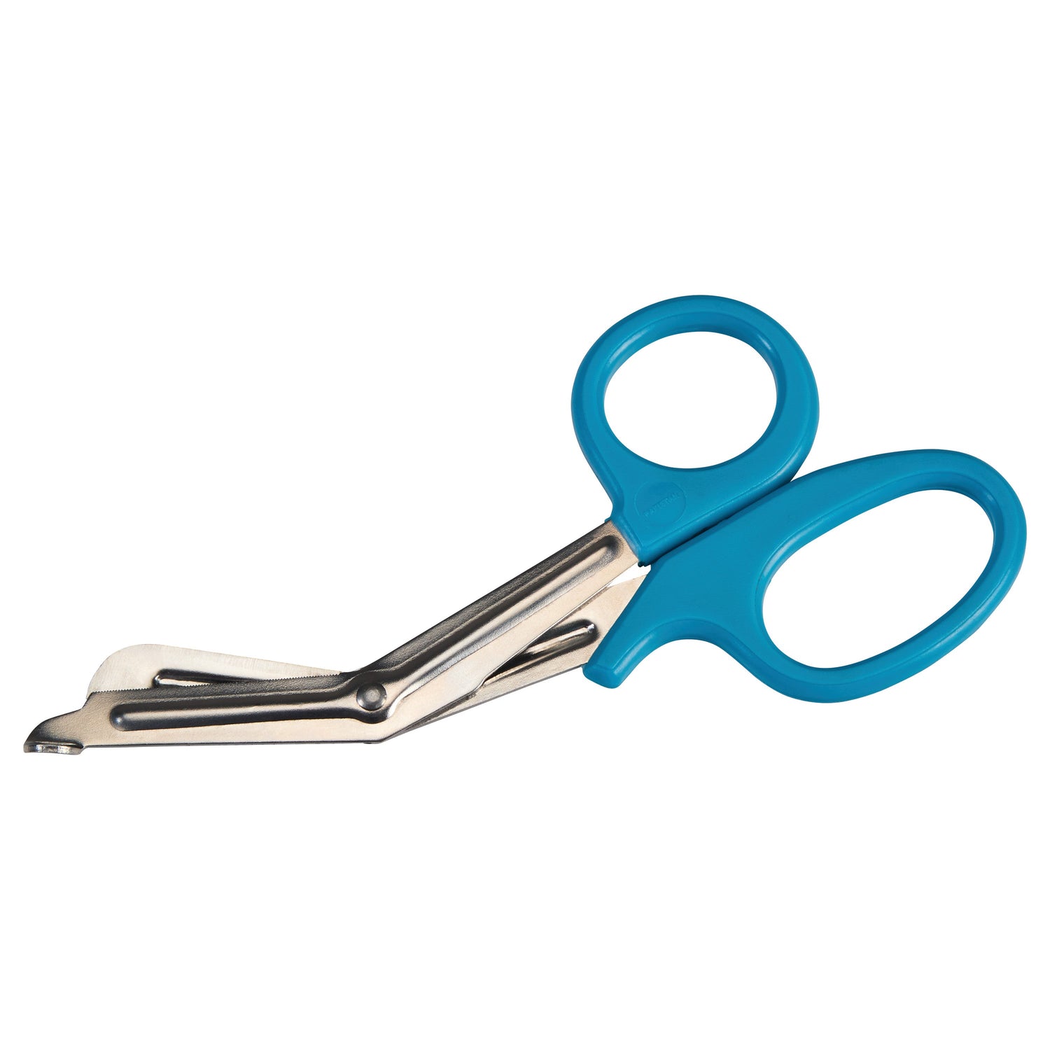 A pair of blue handled offset bandage scissors representing a category of surgical scissors