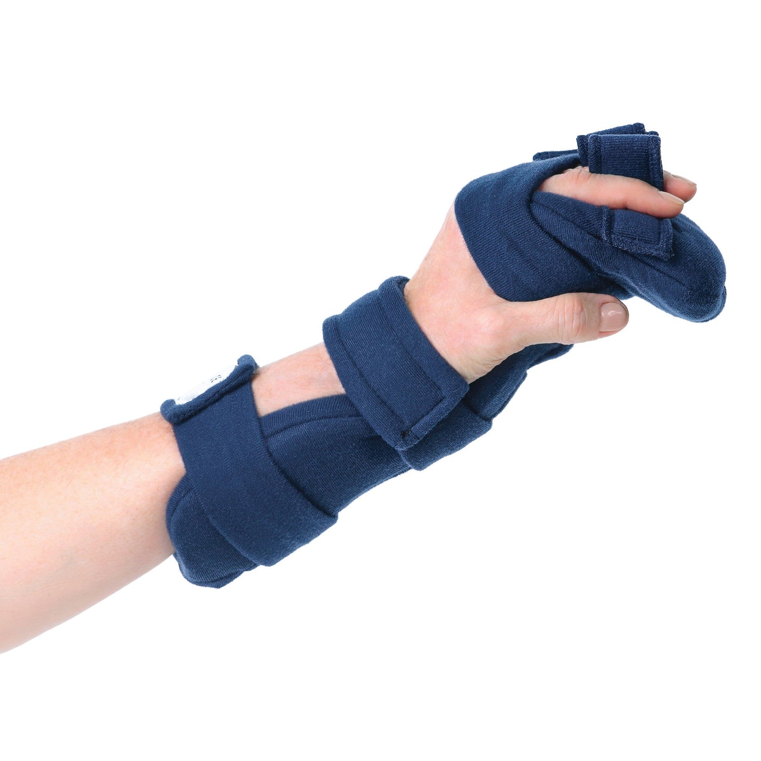 A blue terrycloth padded wrist and hand contracture splint on a woman's hand representing a category of wrist post-op, range of motion and contracture products