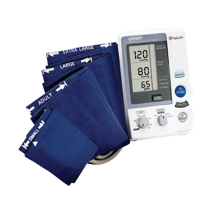 An image of a white digital blood pressure unit and blue cuff representing a category of blood pressure cuffs