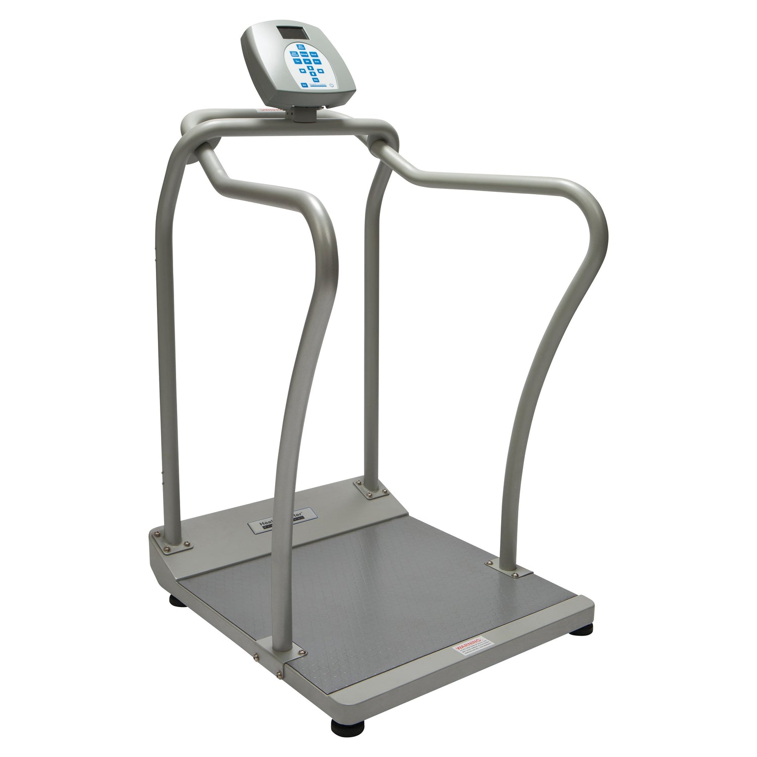 An image of a gray digital platform scale with handrails representing a category of patient scales
