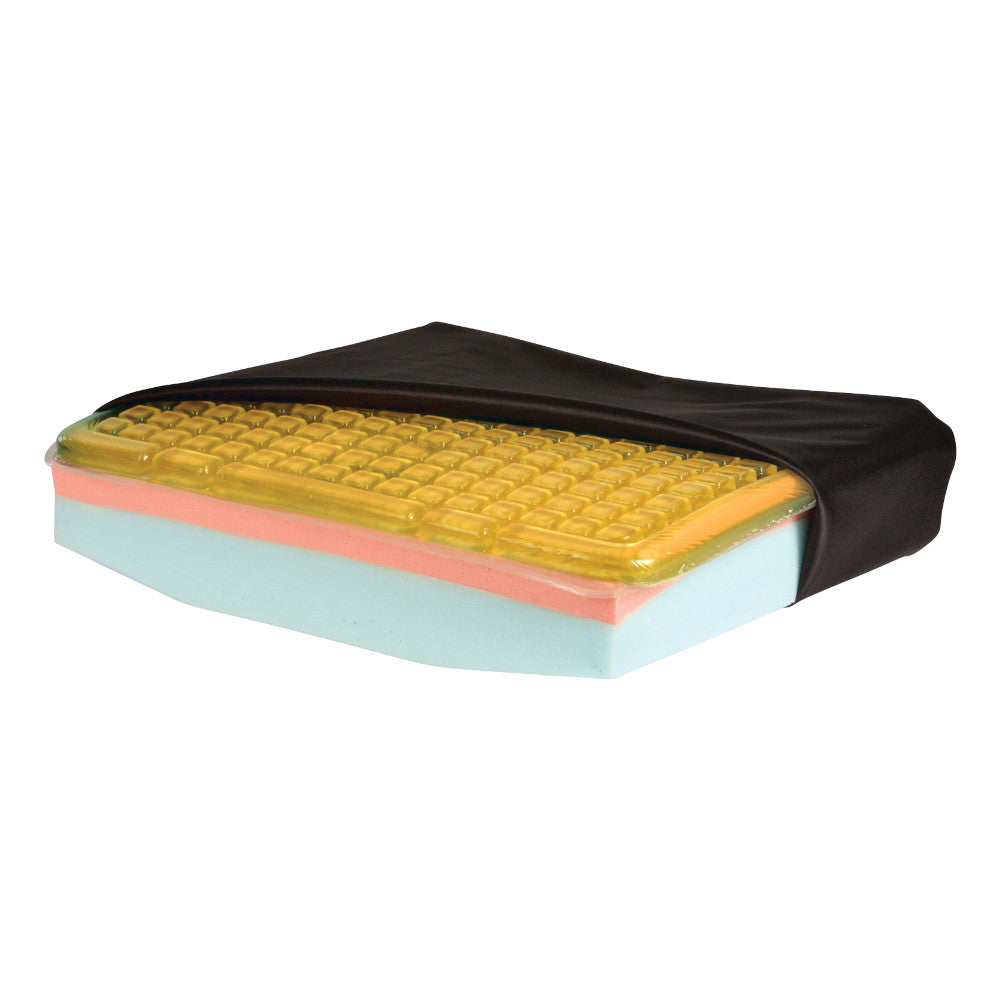 A checkerboard gel and foam seat cushion representing a wheelchair cushion category