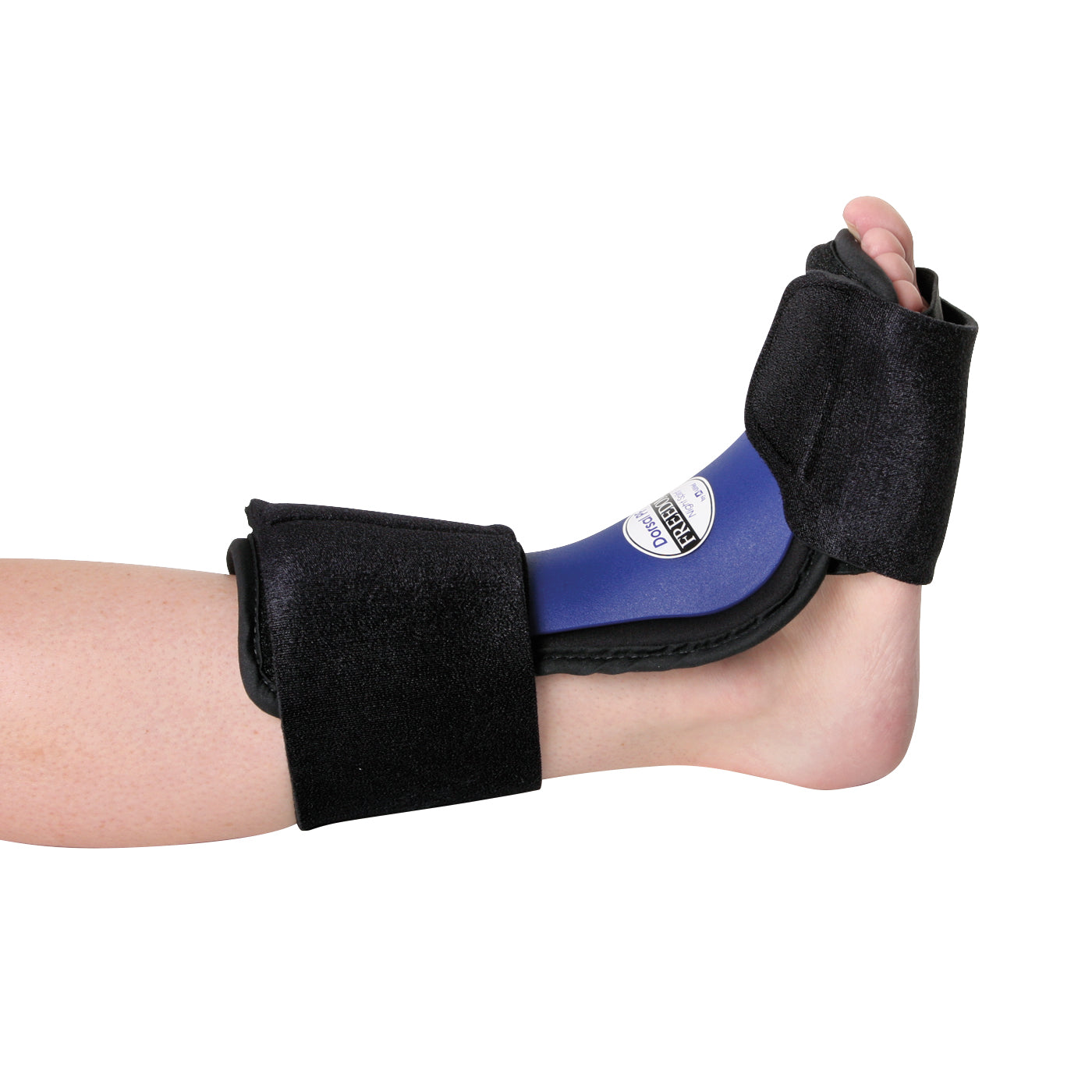 A black and clue dorsal plantar fasciitis foot splint on a man's foot representing an ankle post-op, Range of motion and contracture category