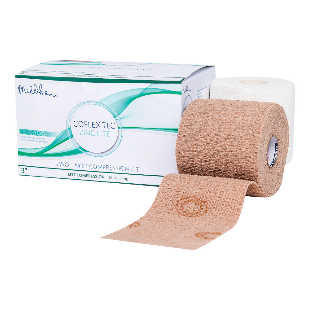 A beige cohesive dressing roll and its packaging representing a wound care category