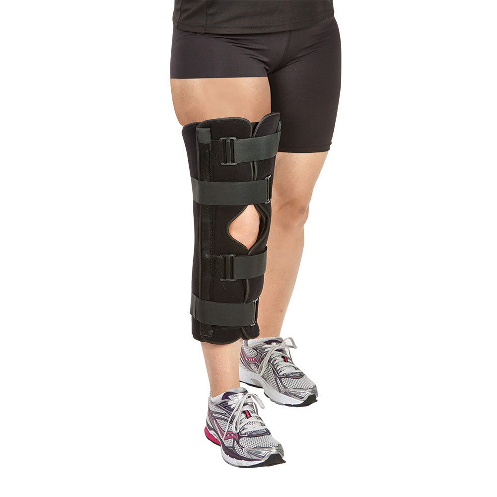 person wearing freedom comfort knee immobilizer