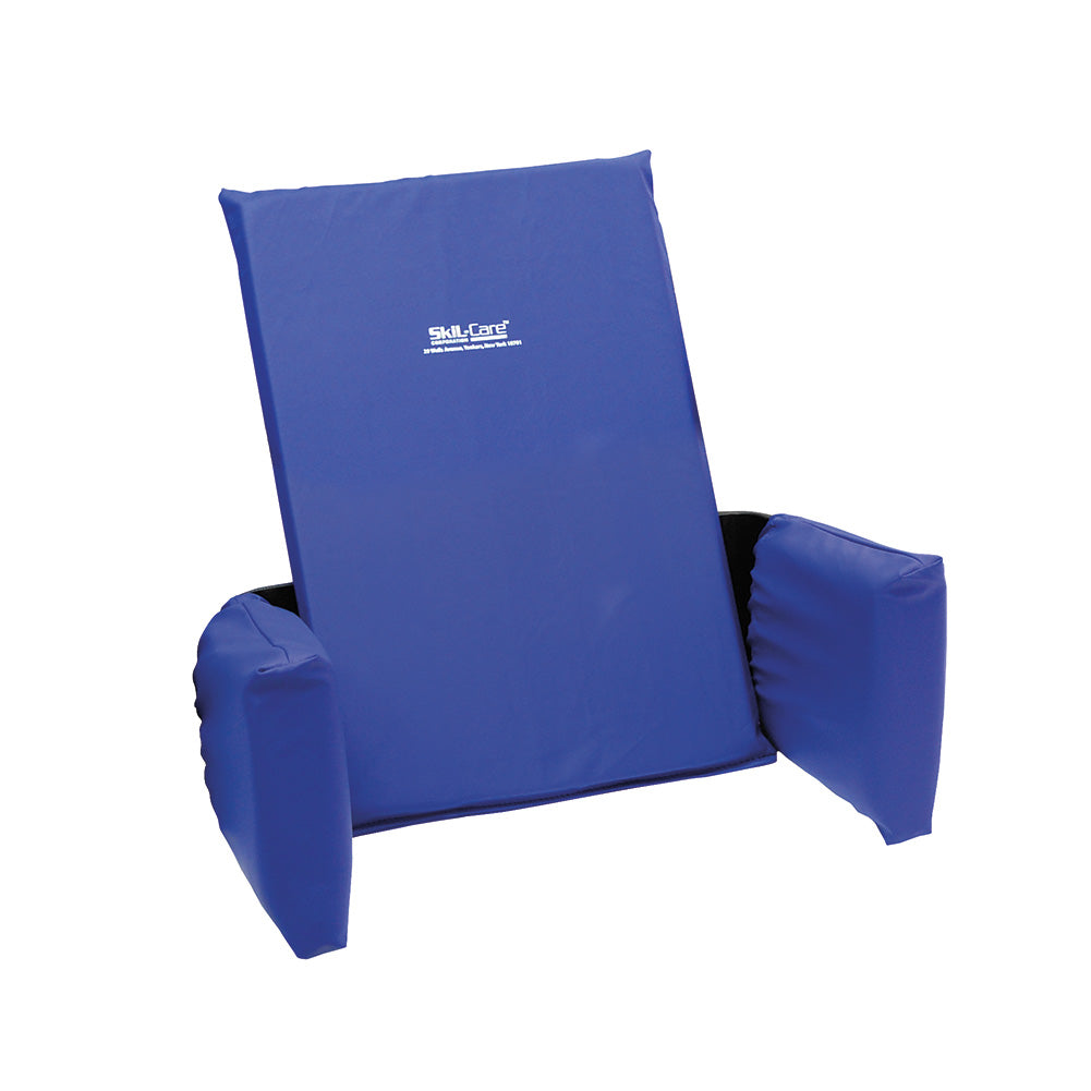 A blue upholstered back support and side wings representing wheelchair positioners category