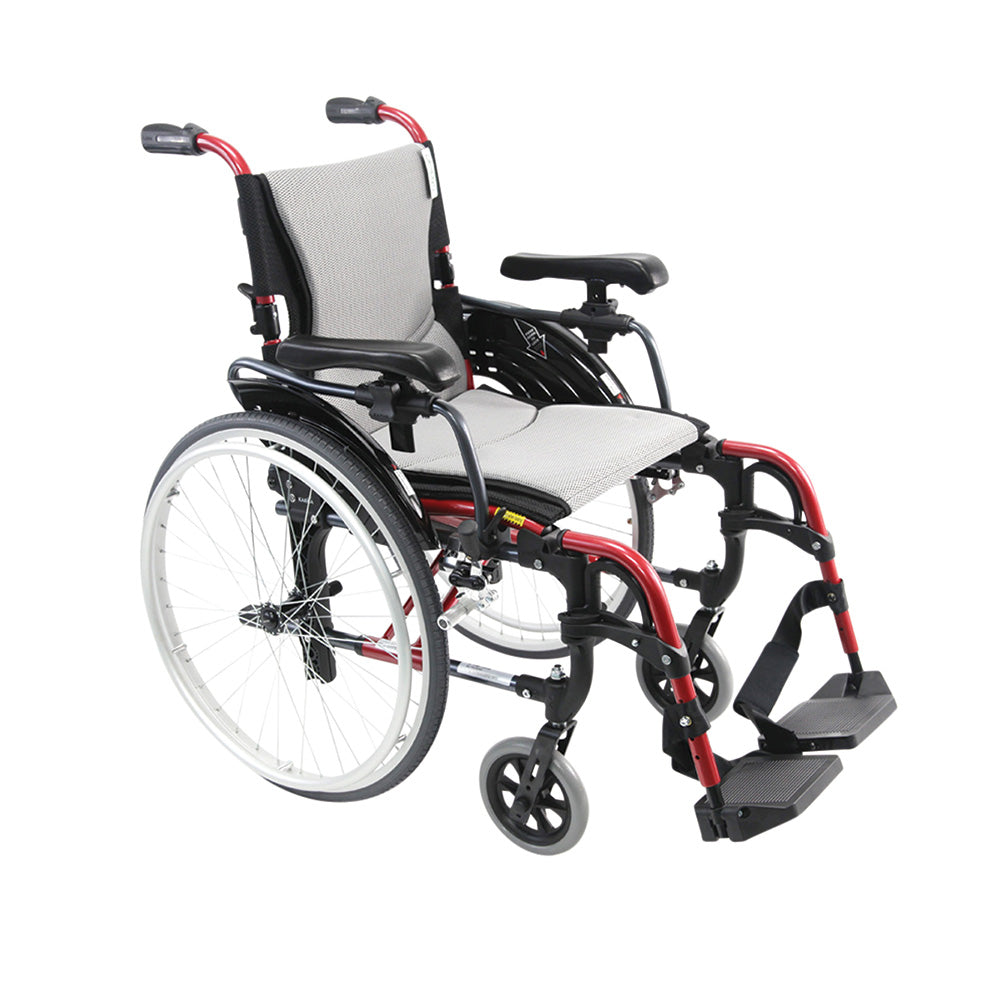 A red and gray wheelchair representing a lightweight wheelchair category