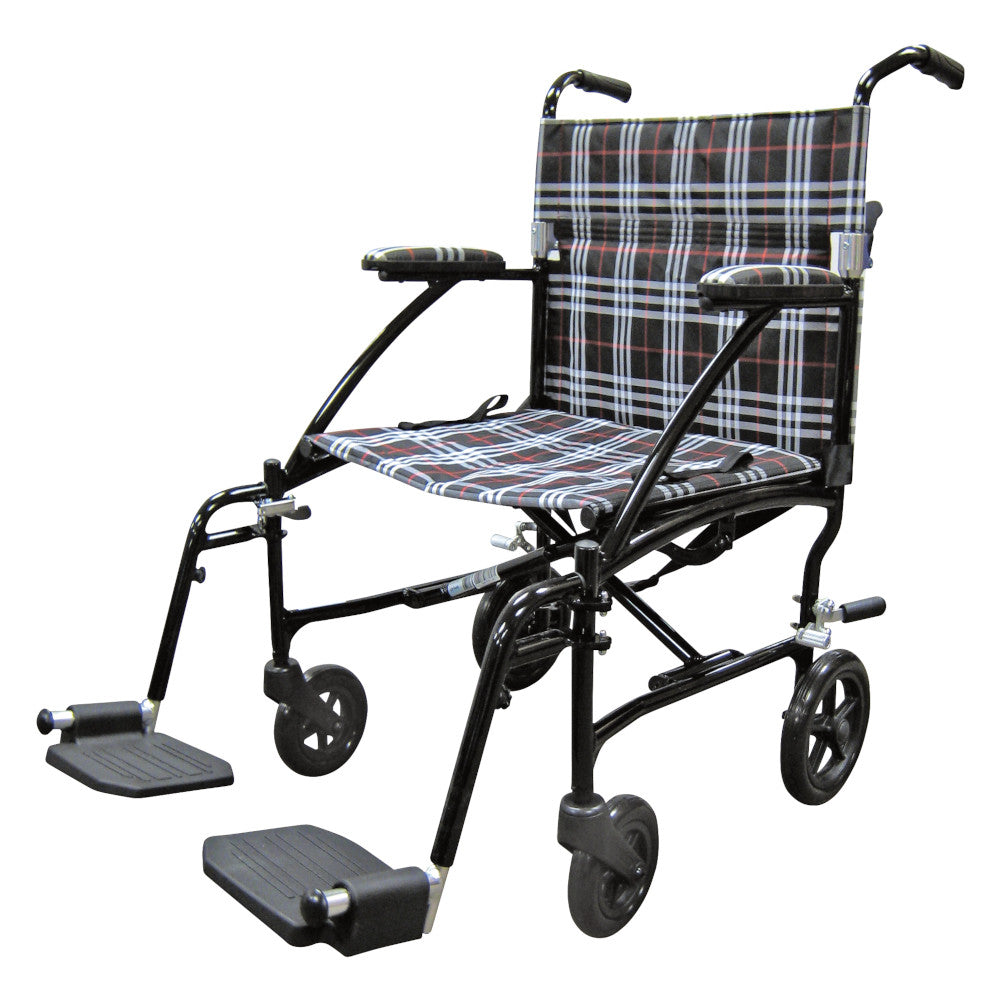 A black plaid upholstered lightweight wheelchair representing a transport wheelchair category