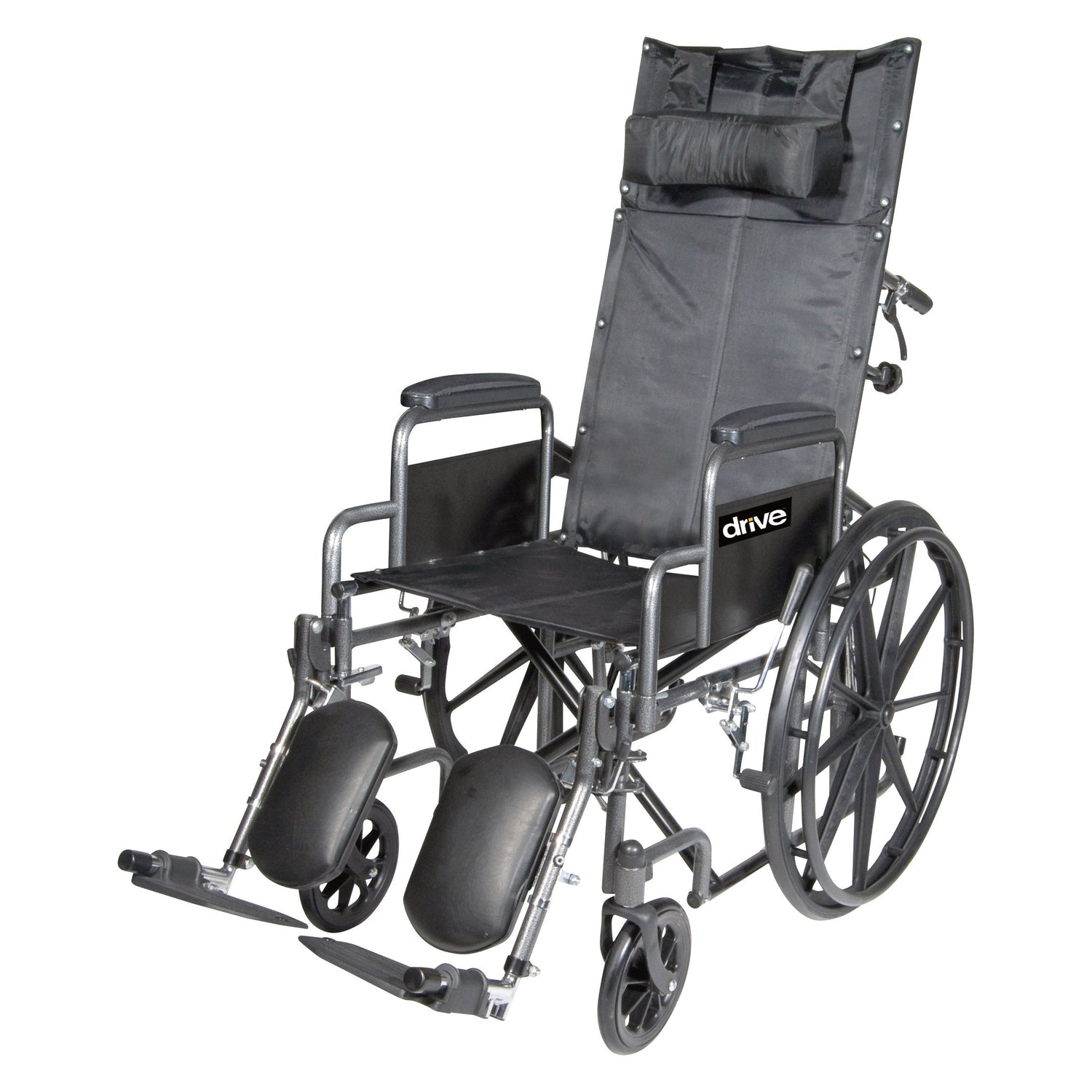 A black upholstered high-backed wheelchair representing a reclining wheelchair category