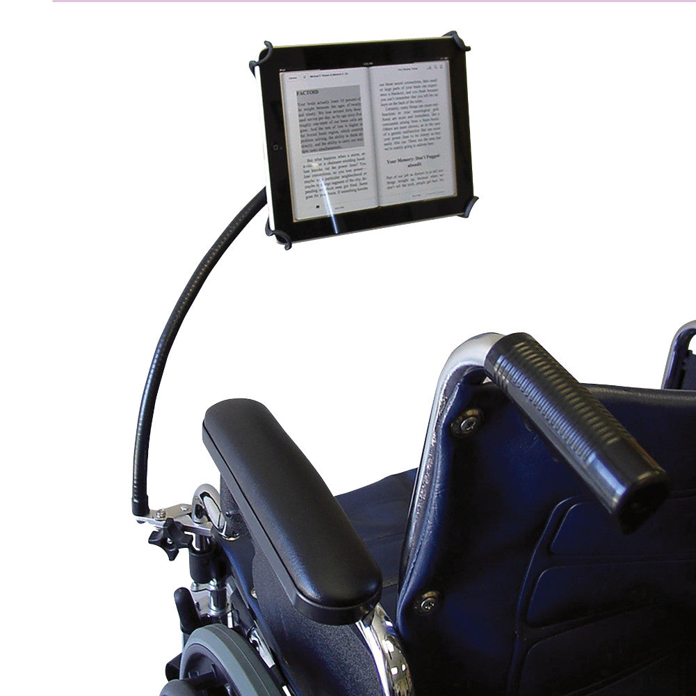tab grabber attached to wheelchair with digital book clipped in to tab grabber