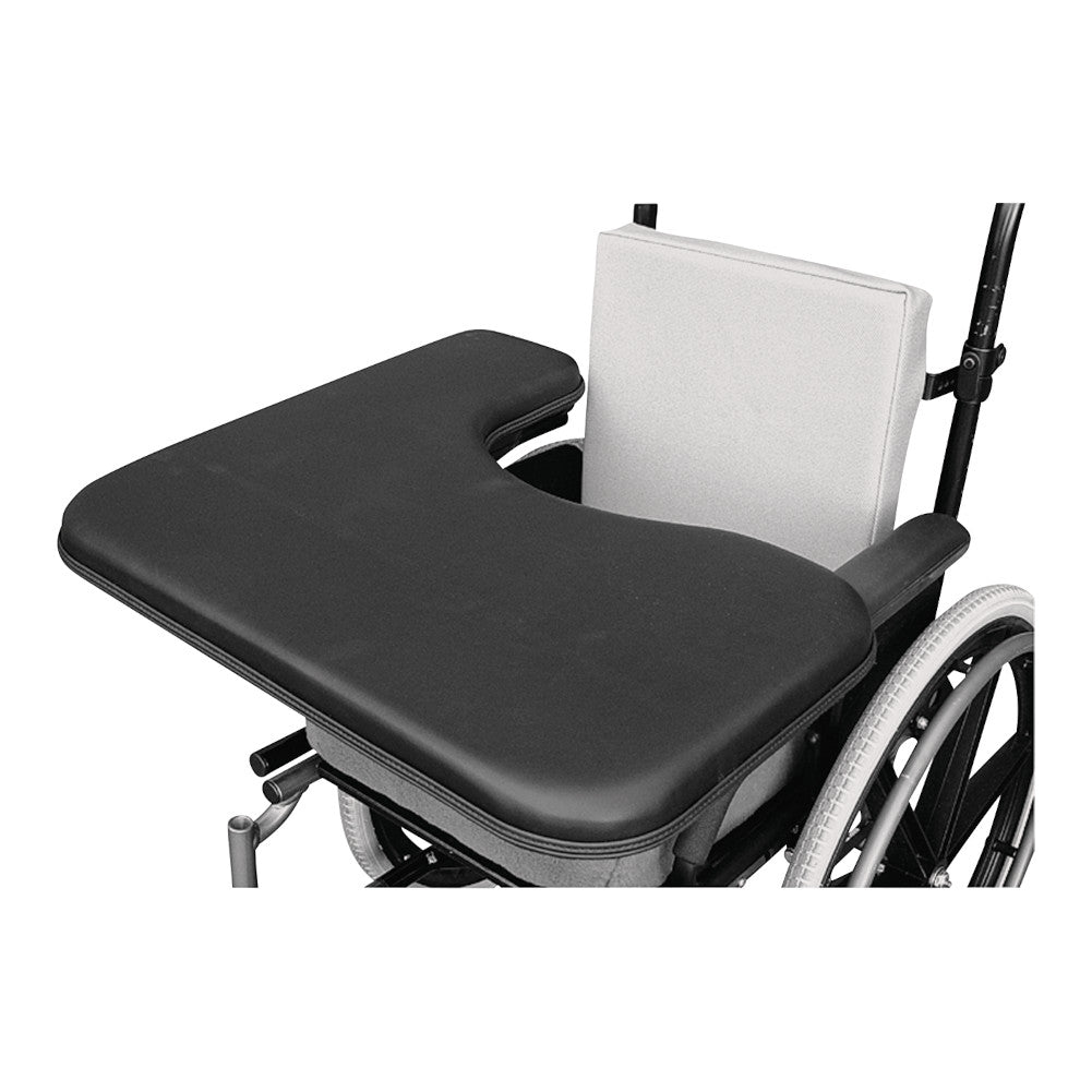 A black upholstered tray on a wheelchair representing wheelchair trays