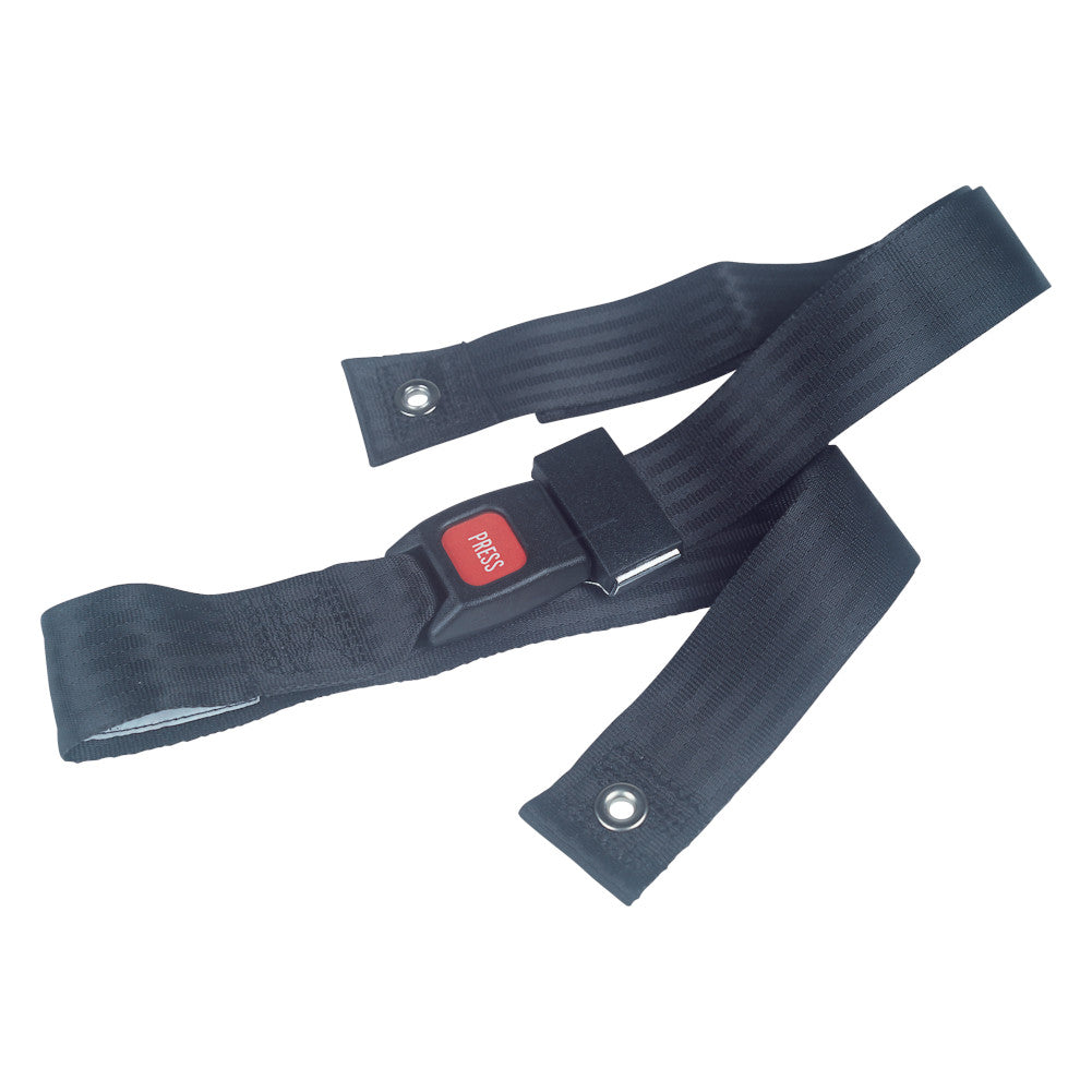 A black auto-style seatbelt with grommets representing a wheelchair safety category