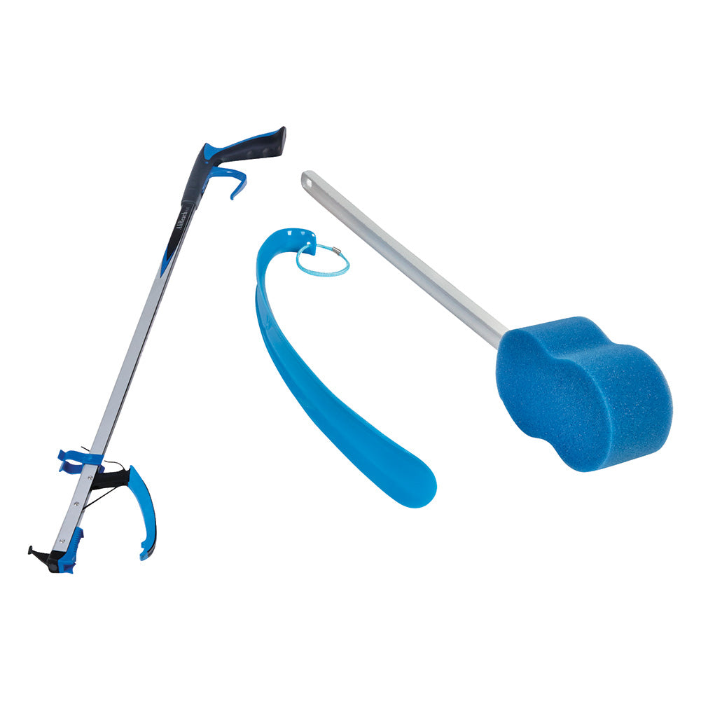 A reacher, shoe horn and long-handled sponge representing a category of dressing and grooming aids