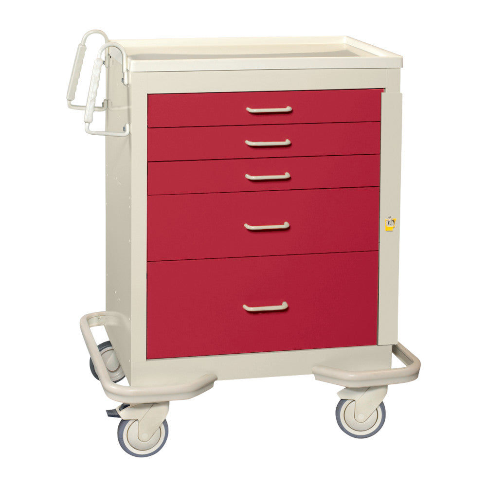 A two-tone red and beige medical cart representing a category of emergency carts