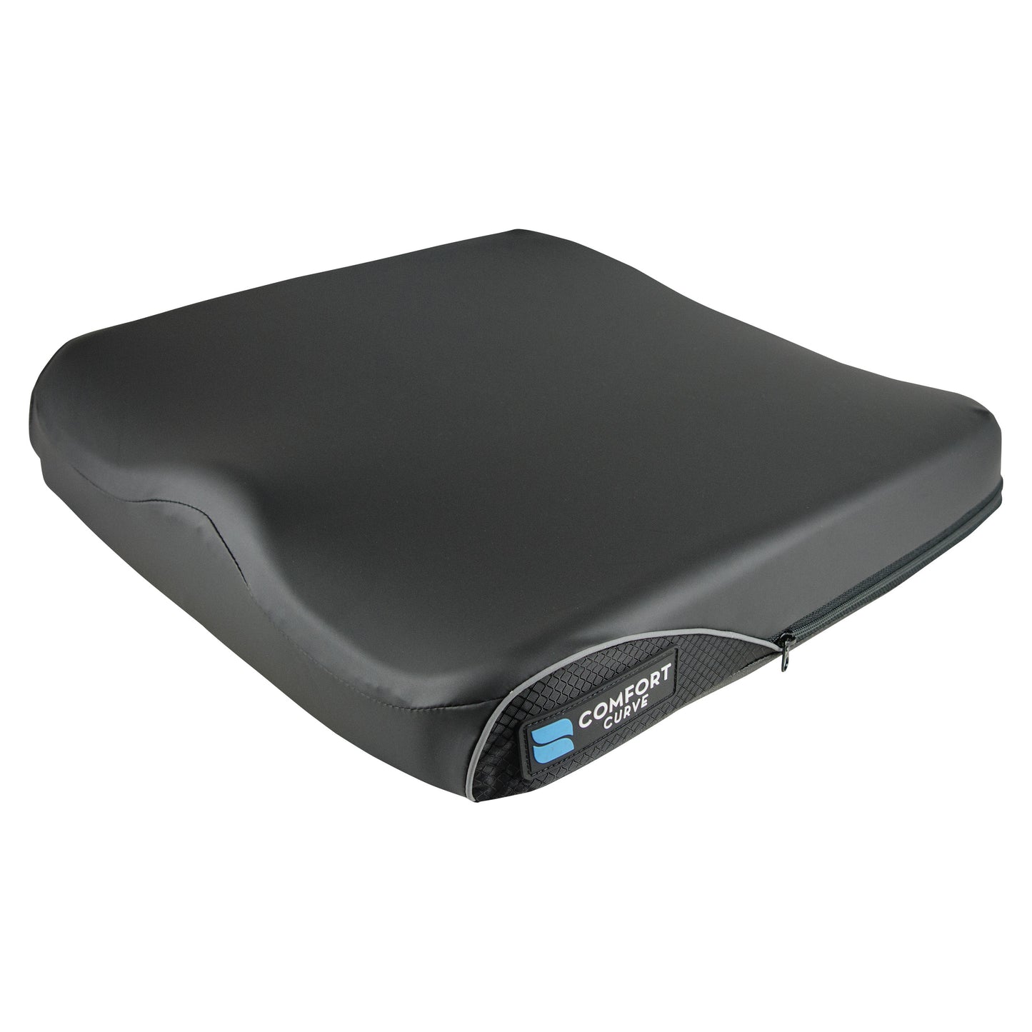 A Comfort Curve Wheelchair Cushion with Stretch-Air Cover. It has a sleek black design and features a slight curve.