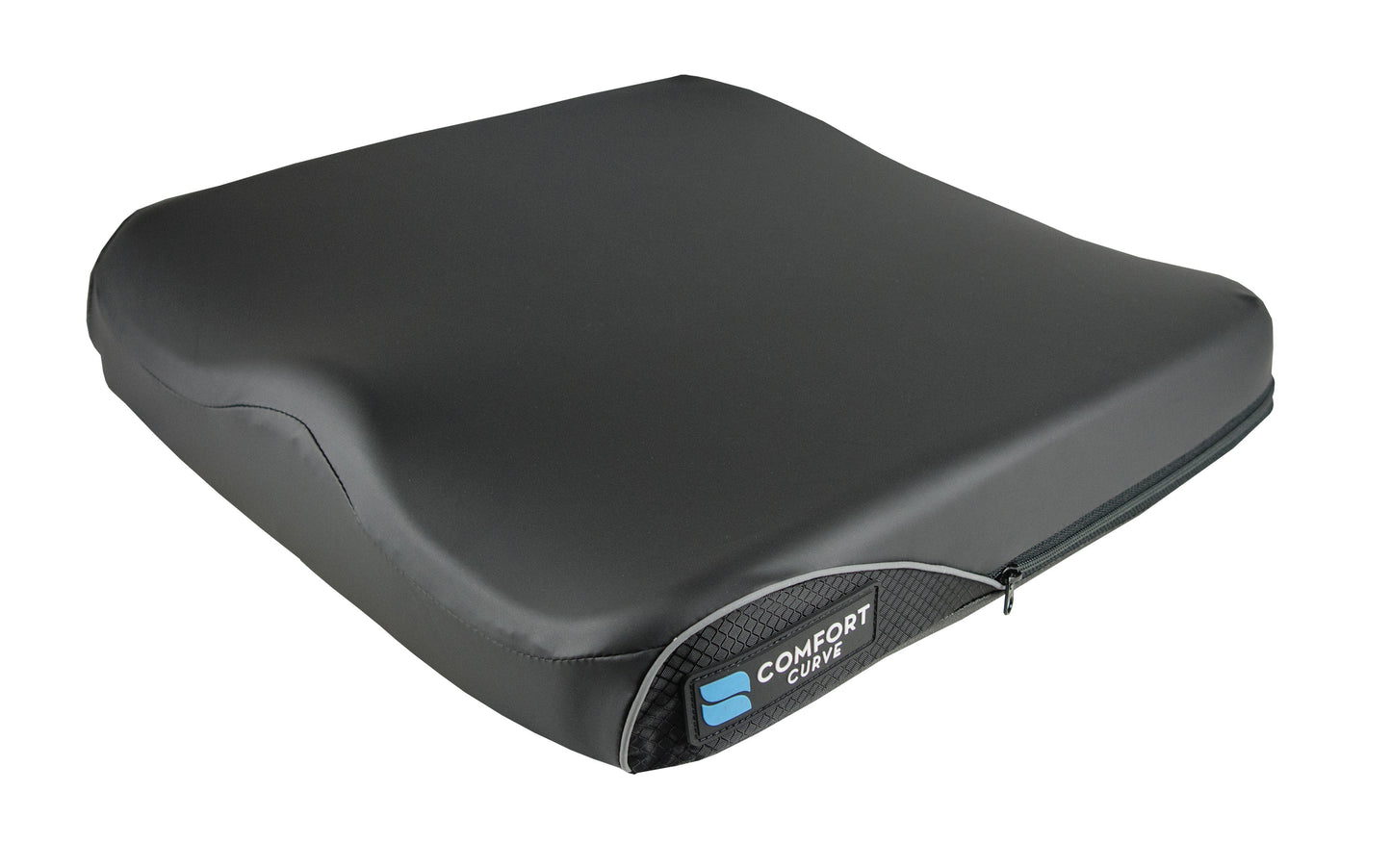 A black Comfort Curve Wheelchair Cushion with Stretch-Air Cover, featuring a contoured shape and a zippered edge.