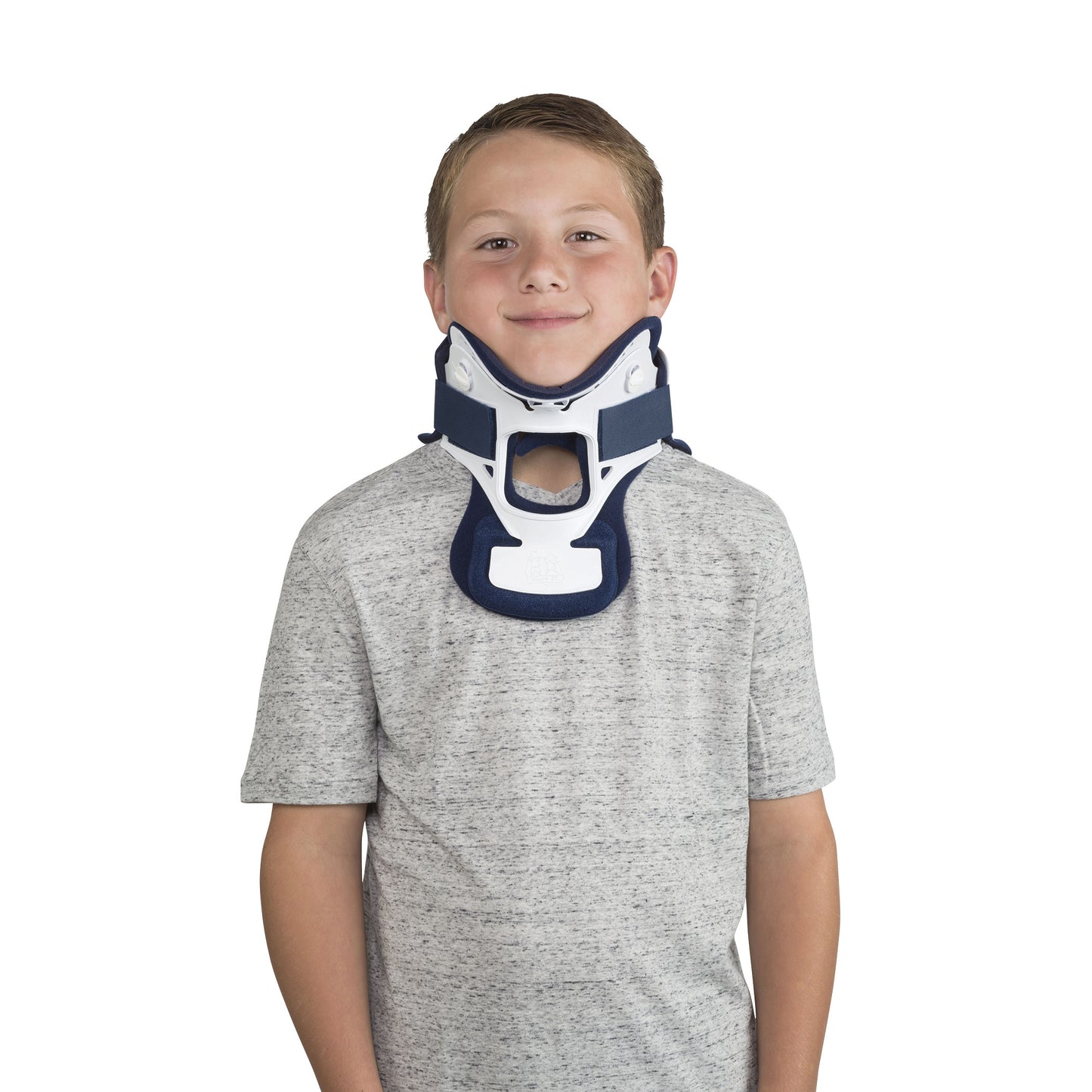 A young person wearing a Miami Jr. Cervical Collar. It's a blue and white medical neck brace, against a plain white background.