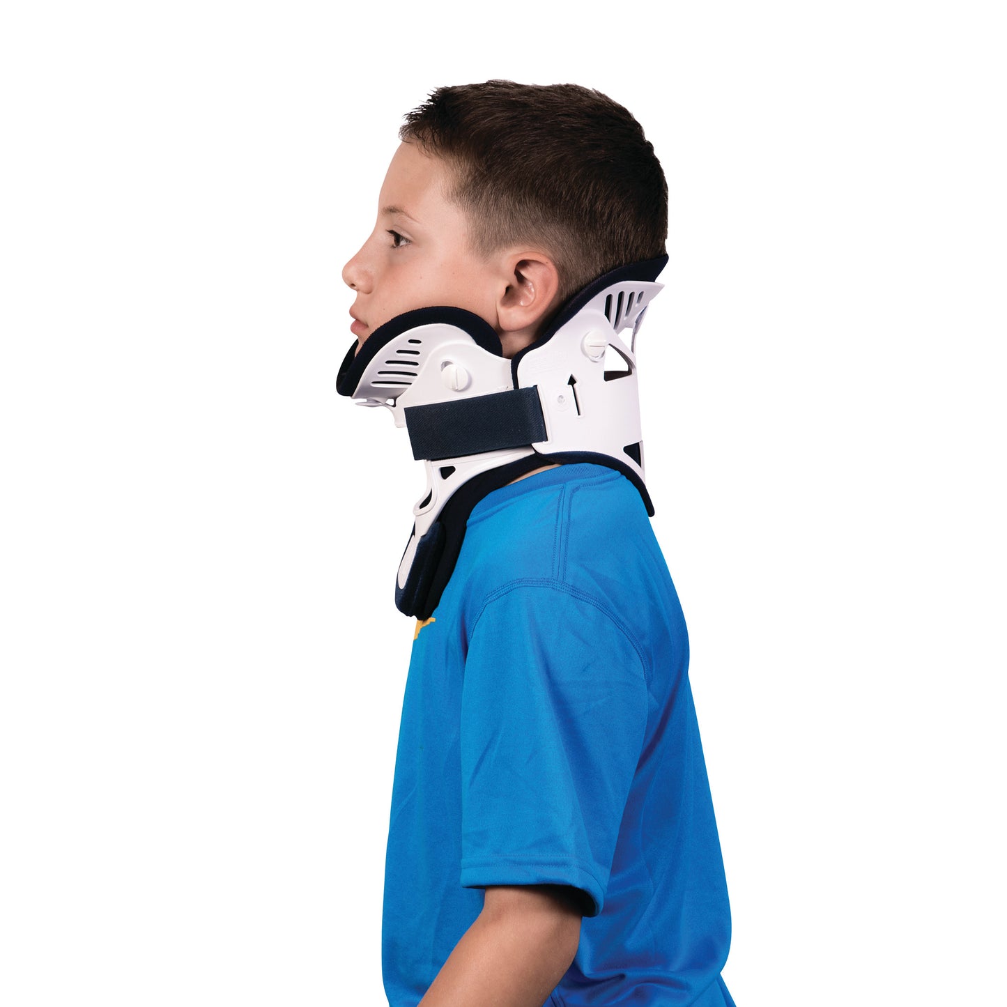 A child wearing a Miami Jr. Cervical Collar, which is a white neck brace with black padding and fasteners, viewed from the side.