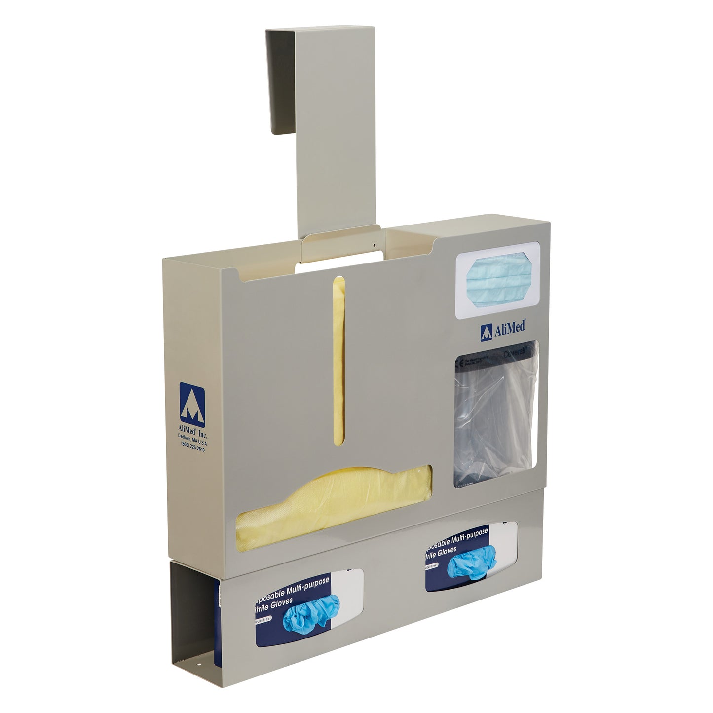 The AliMed PPE Organizer is a wall-mounted unit with compartments for masks, gowns, and gloves, featuring visible branding.
