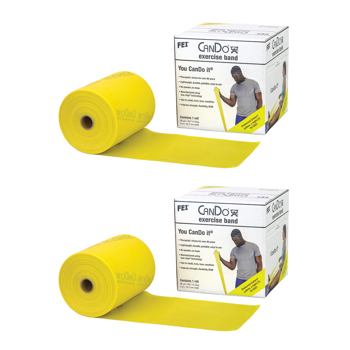 Latex Exercise Band, Low Powder, Yellow, X-Light, 50-yd. Roll, 2 Roll/Pack