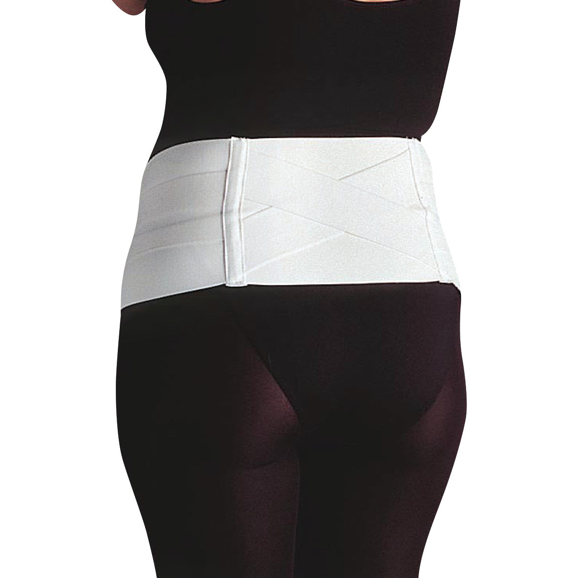 A person wears an Embrace Moderate Support Maternity Belt around their lower back and abdomen over black clothing.