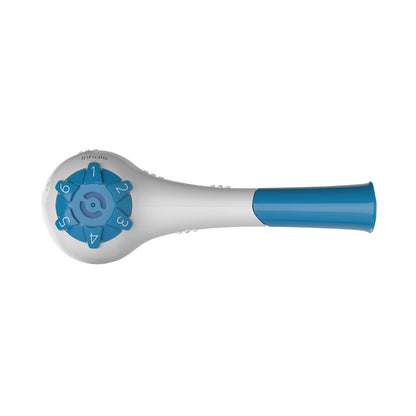 THE BREATHER Respiratory Muscle Trainer with numbered dial and blue accents for adjustable resistance.