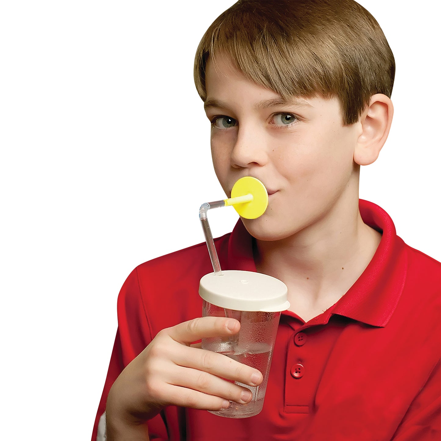 A child uses ARK's Sip-Tip Cup, featuring a clear straw with a yellow lip block, a white lid, and a transparent cup.