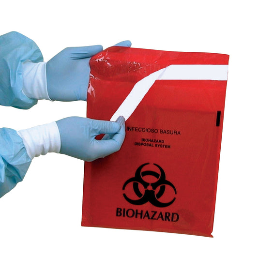 Red Biohazard Waste Stick-On Bag, 12"W x 14"L, 2.6 Qt., 100/Box