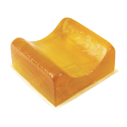 The AliMed AliGel Contoured Head Rest is a translucent amber gel cushion with a curved shape for head support, on a flat base.