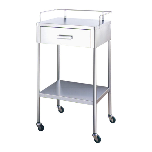 A UMF Utility Table with a drawer, lower shelf, and four caster wheels for mobility, featuring a sleek metallic finish.