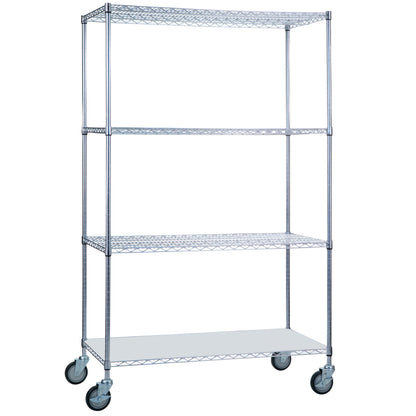 Wire Linen Cart, 4 Shelves, Chrome, Solid Bottom, 36"W x 72"H x 18"D