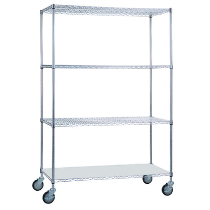Wire Linen Cart, 4 Shelves, Chrome, Solid Bottom, 48"W x 72"H x 24"D